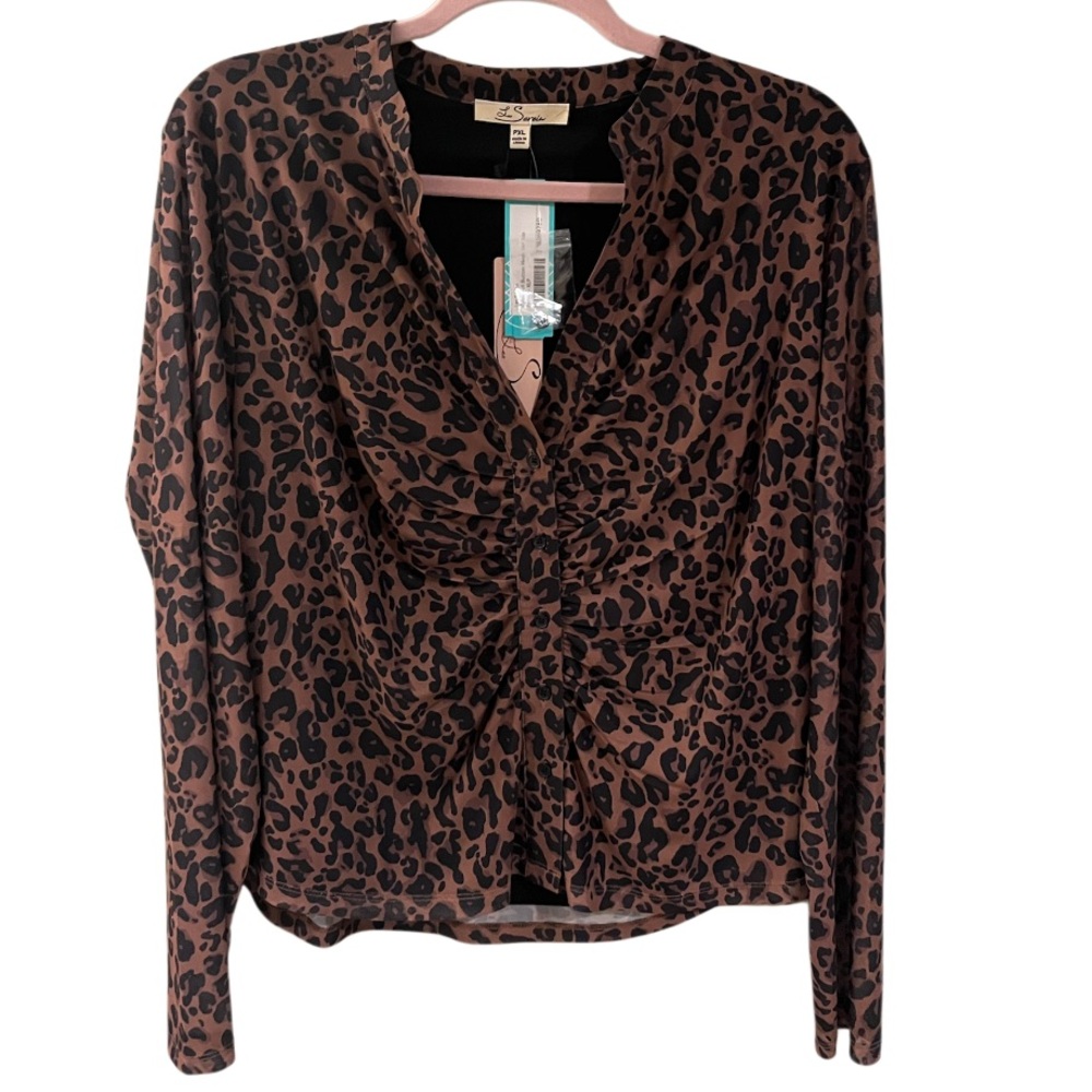 Les Serein Rylee Animal Print Full Button Mesh Knit Top Blouse